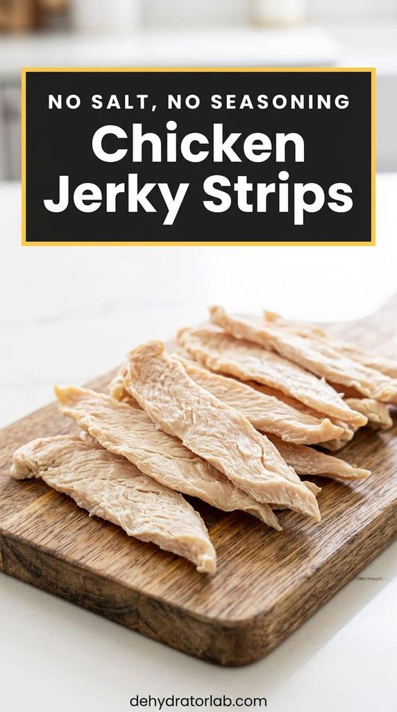 Plain dehydrated chicken jerky strips for dogs on a cutting board