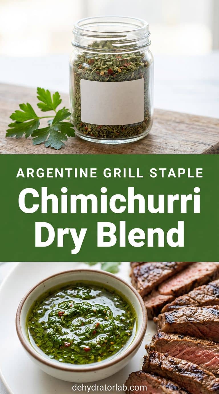 Jar of dried green chimichurri herb blend next to a bowl of finished chimichurri sauce and a grilled steak