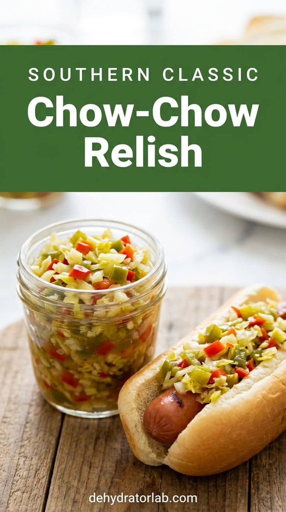 Jar of chopped chow-chow relish spooned onto a hot dog