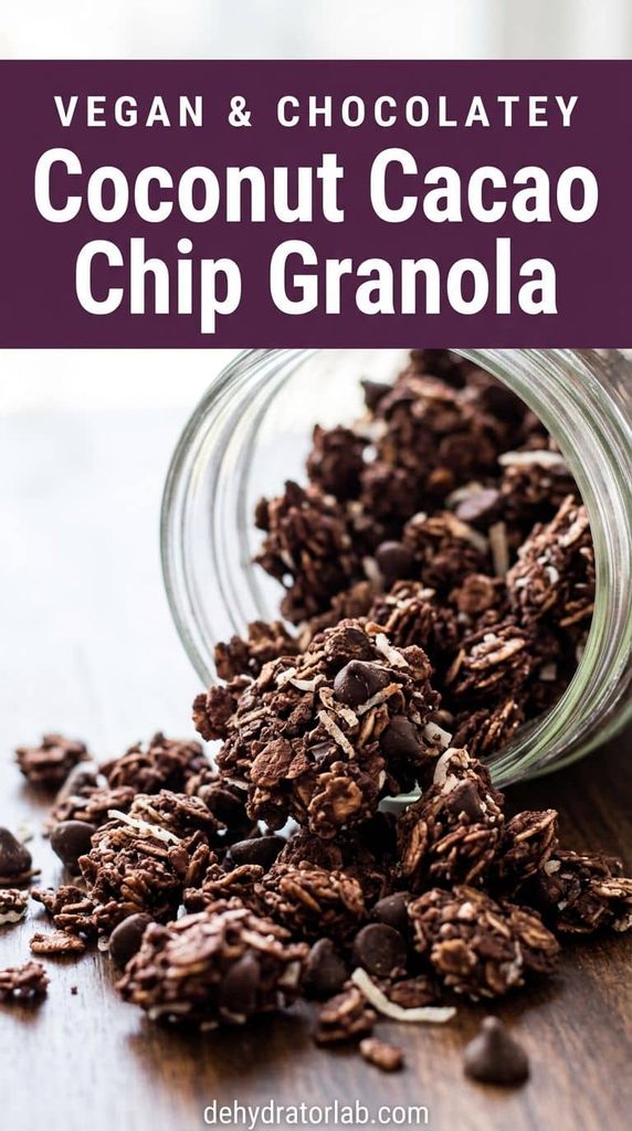 Chocolate coconut granola with dark chocolate chips in a glass jar