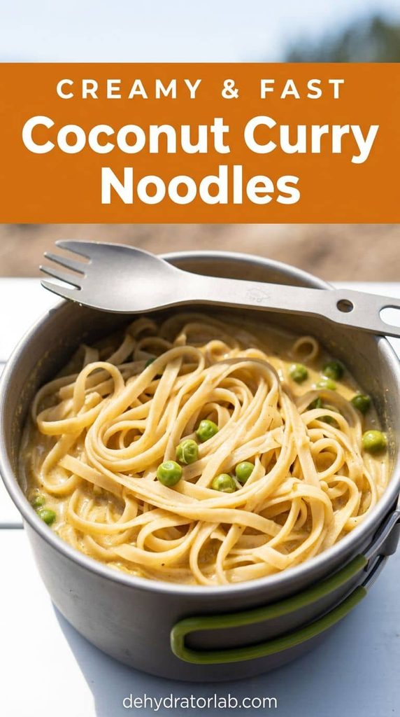 A camping cup of coconut curry rice noodles with peas on a trail