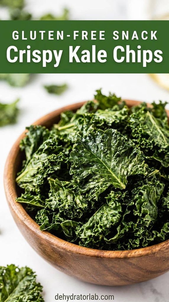 Crispy dehydrated kale chips in a wooden bowl