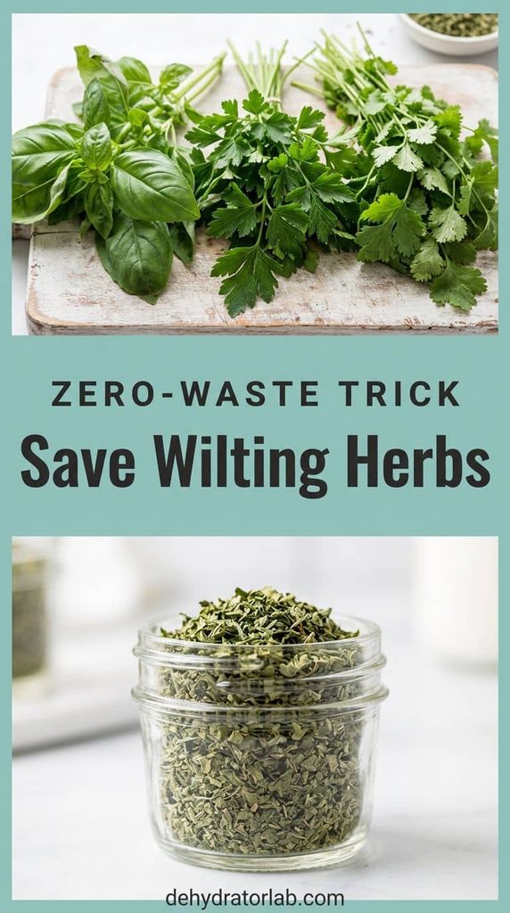 Fresh herb bunches next to a jar of dried herbs