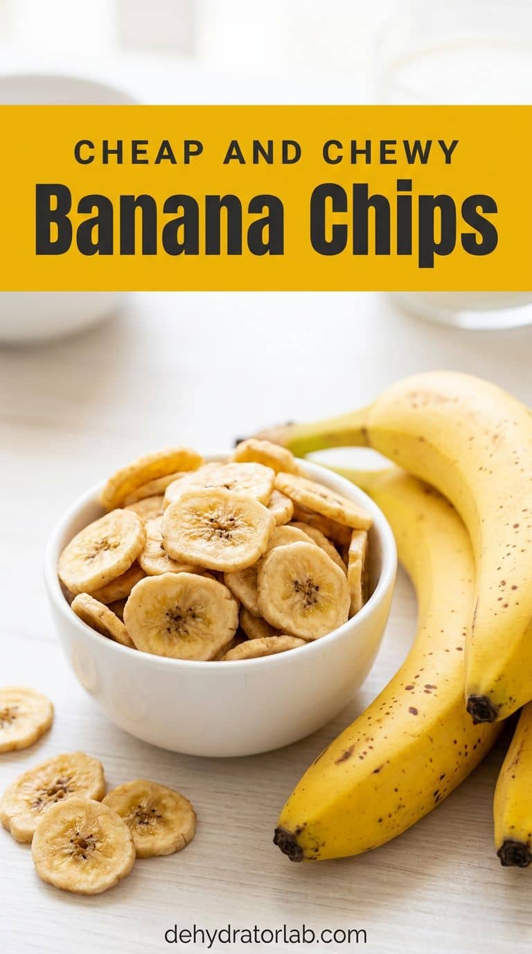 Golden dried banana coins in a small bowl beside fresh bananas