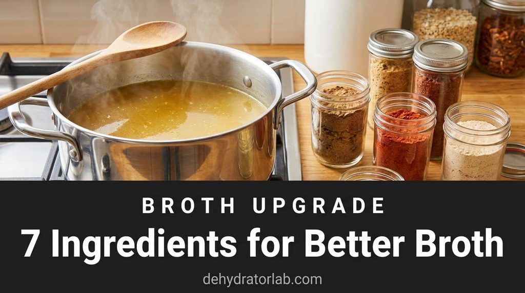 Small jars of dehydrated mushroom, tomato, and shallot powder next to a steaming pot of broth