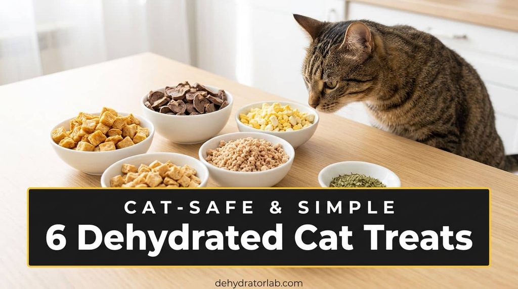 Small bowls of homemade dehydrated cat treats with a tabby cat sniffing the table