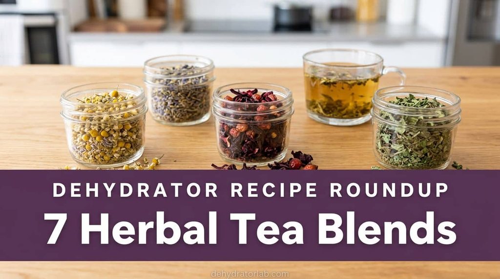 Jars of homemade dehydrated herbal tea blends with dried flowers and herbs on a wooden table