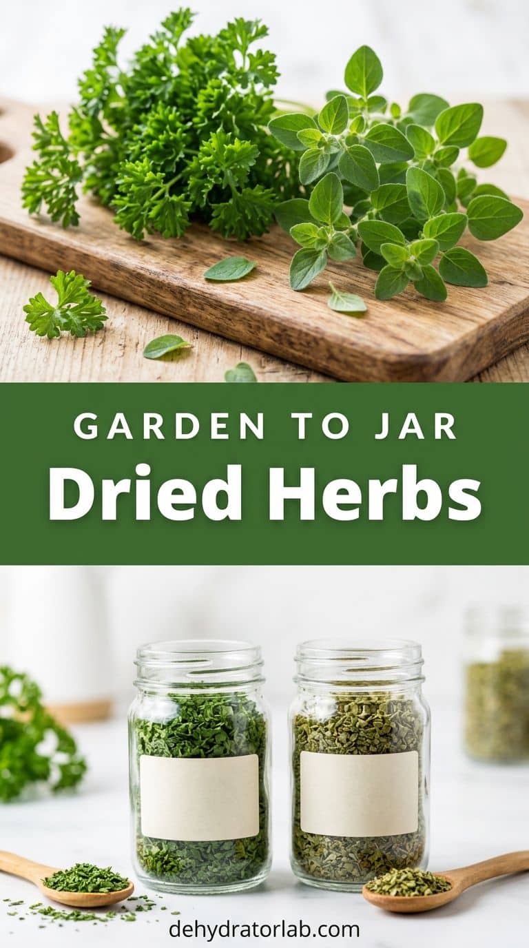 Small jars of dried green parsley and oregano next to fresh herb sprigs