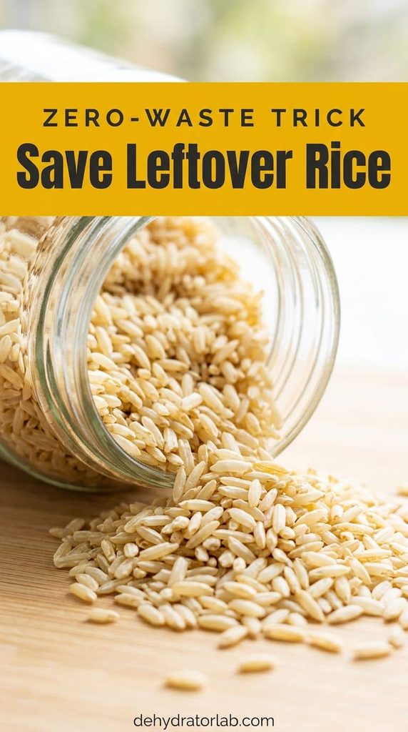 A jar of dehydrated cooked rice next to a dehydrator tray