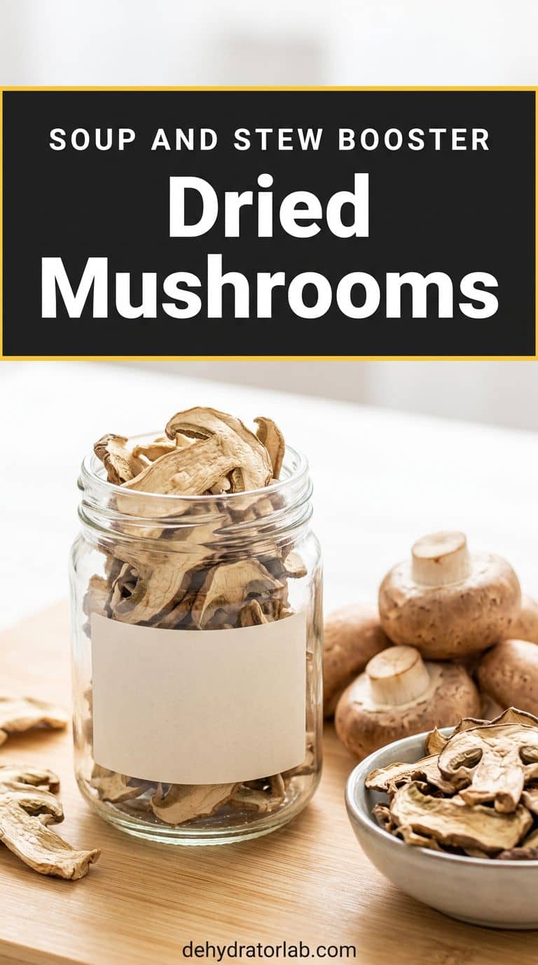 Dried brown mushroom slices in a glass jar beside fresh button mushrooms