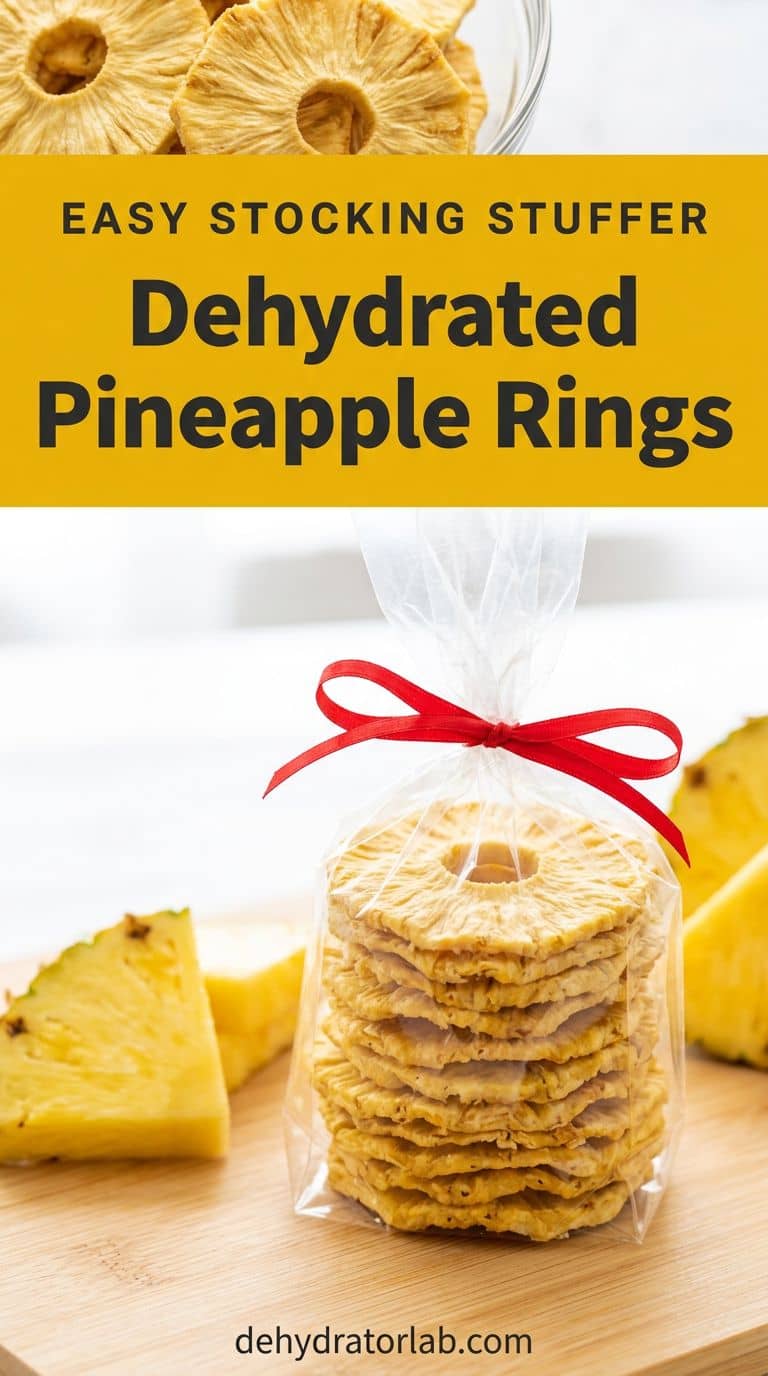 Small clear bag of dried pineapple rings tied with a ribbon next to fresh pineapple