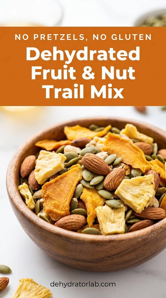A bowl of gluten-free dehydrated trail mix with dried fruit, almonds, and pumpkin seeds