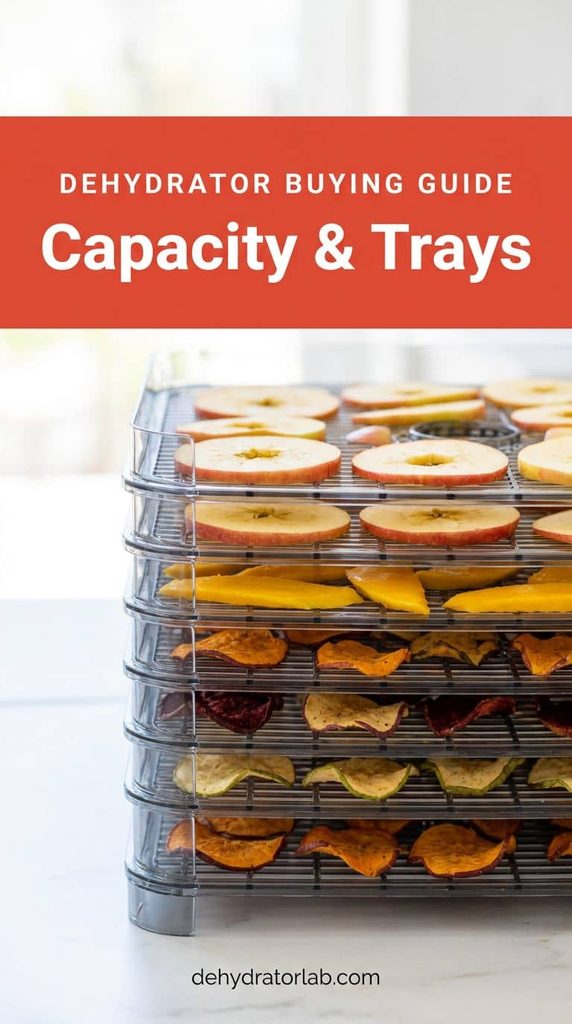 A food dehydrator with multiple trays stacked, filled with sliced fruit and vegetables