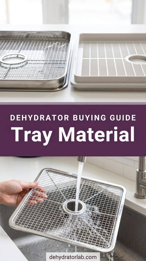 Close-up of stainless steel dehydrator trays being washed in a sink