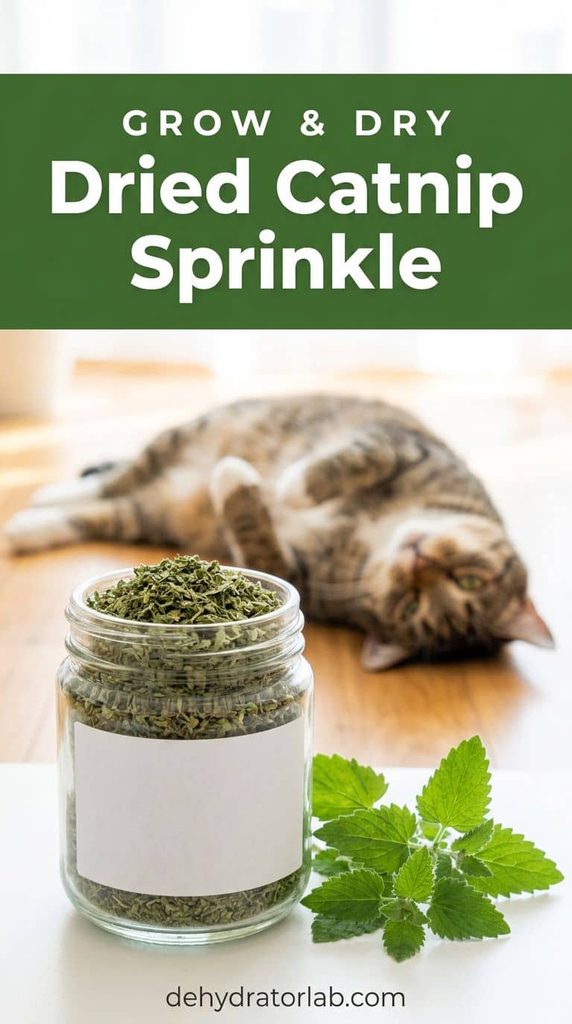 Jar of homemade dried catnip with fresh sprigs and a happy cat