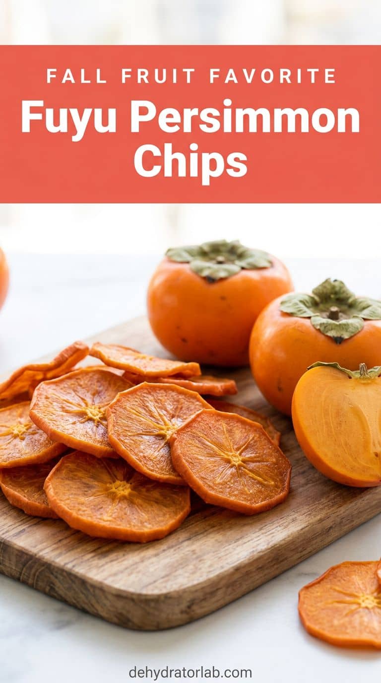Chewy orange dried persimmon slices beside fresh squat Fuyu persimmons