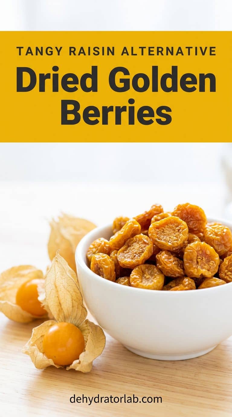 Wrinkled golden-orange dried golden berries in a small bowl beside fresh berries in papery husks