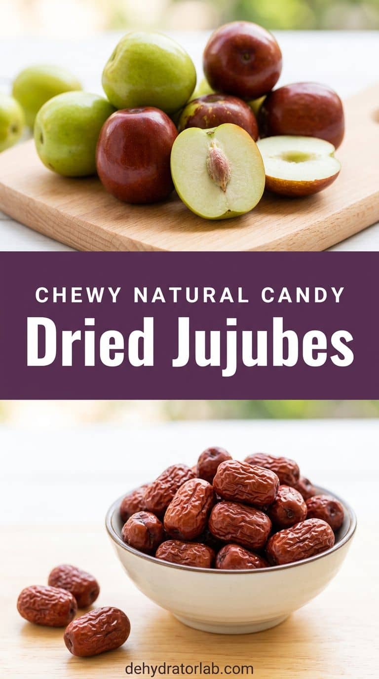 Wrinkled reddish-brown dried jujubes in a bowl beside fresh smooth red-green jujubes