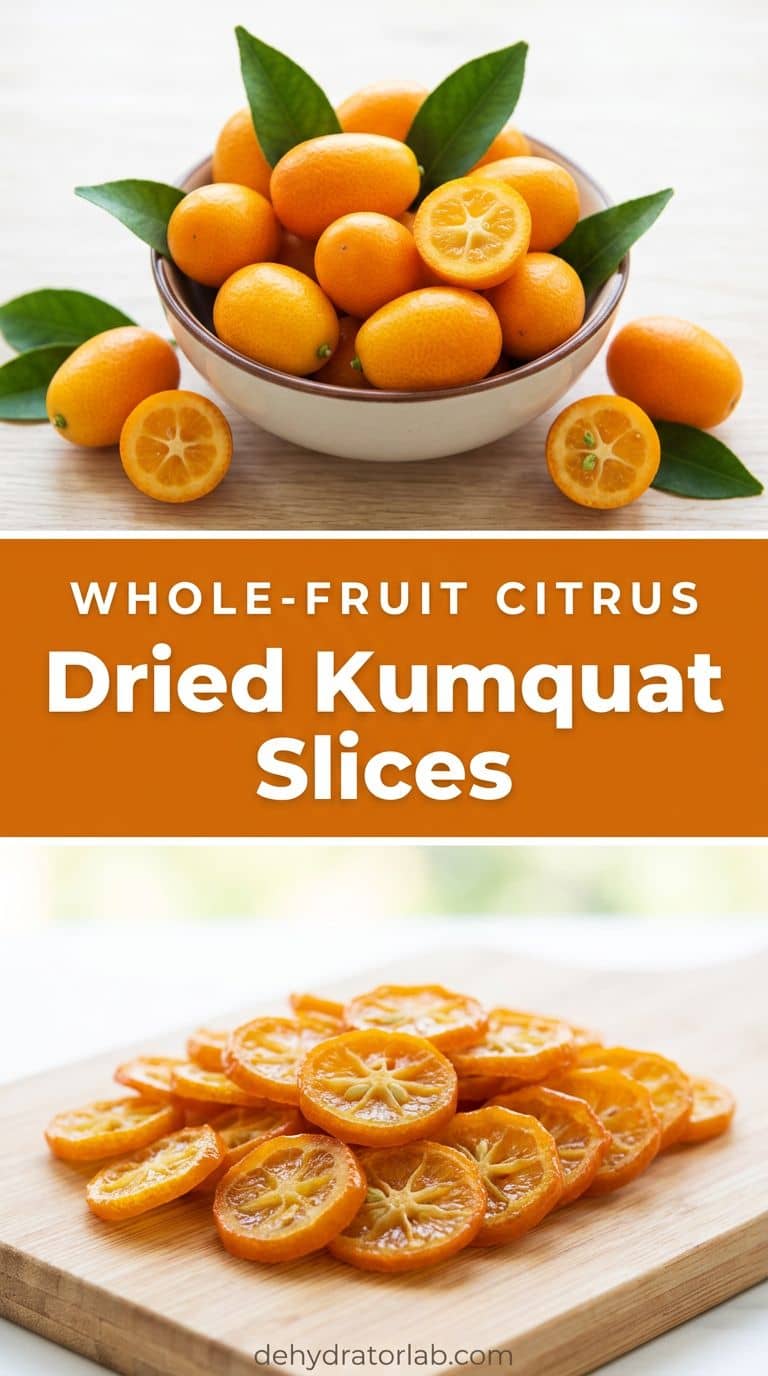 Small orange dried kumquat rounds in a bowl next to fresh whole kumquats