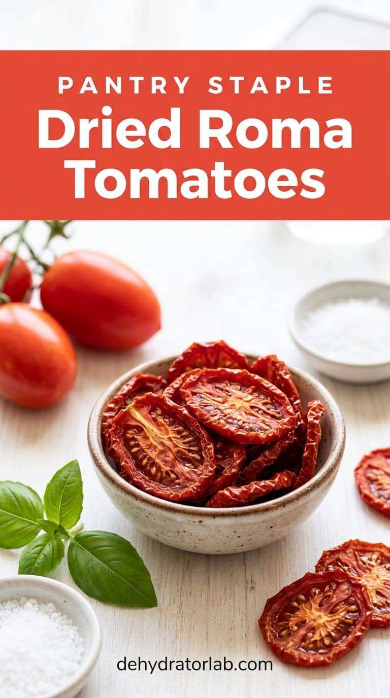 Deep red dried tomato halves in a small bowl beside fresh Roma tomatoes and basil