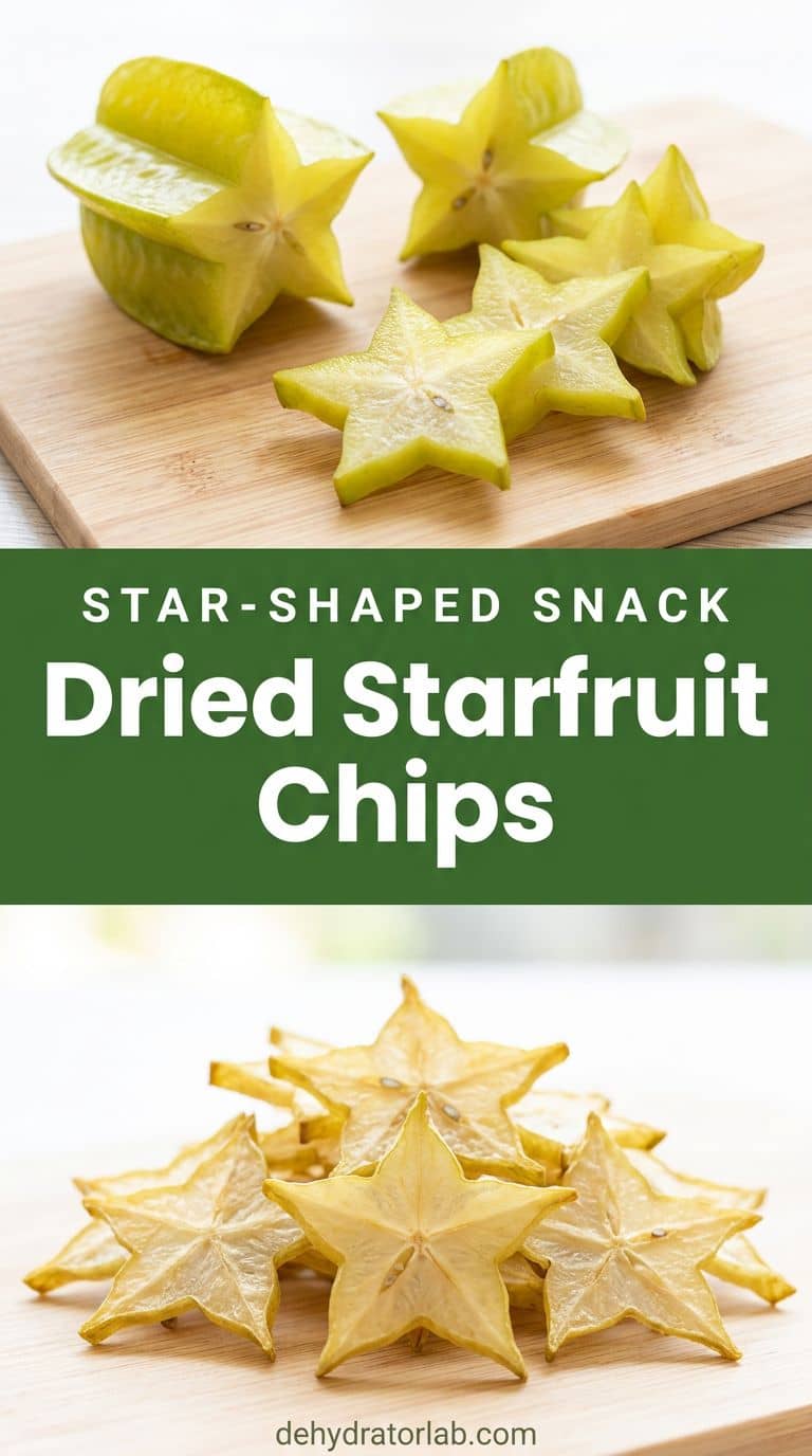 Pale golden dried star fruit slices shaped like stars beside a whole fresh carambola