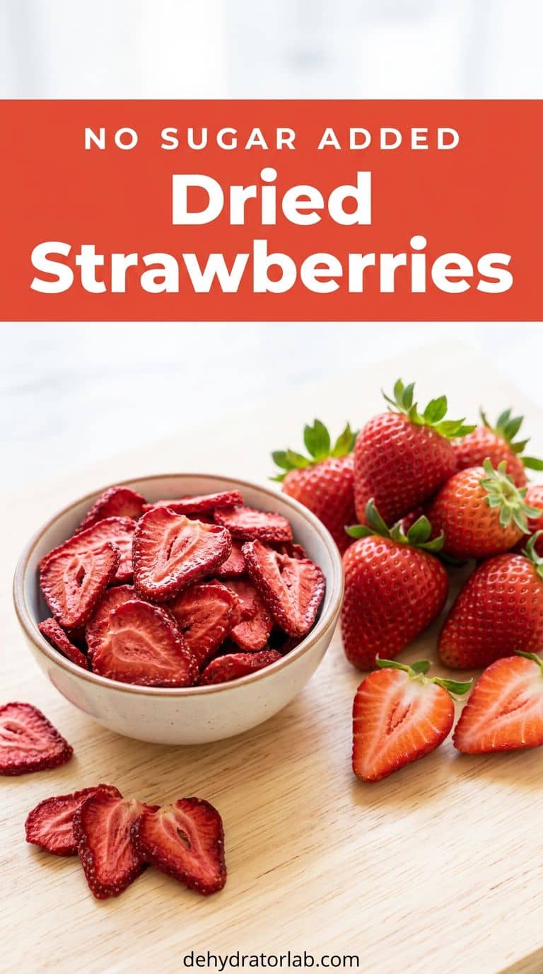 Deep red dried strawberry slices piled in a bowl beside fresh strawberries