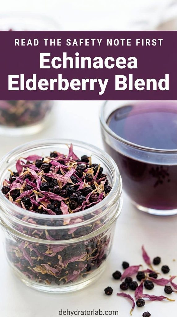 Dried echinacea flowers and elderberries in a jar next to a cup of dark tea