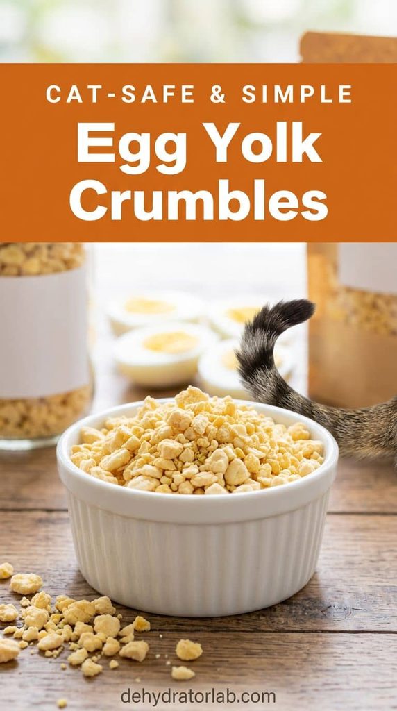 Dehydrated egg yolk crumbles in a small bowl for cats