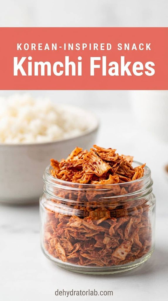 A small jar of reddish dehydrated kimchi flakes next to a bowl of rice