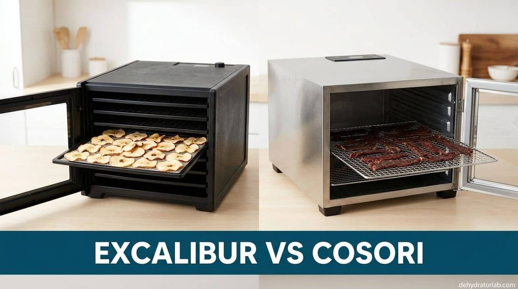 Two large food dehydrators side by side, one black with plastic trays and one stainless, loaded with apple slices and jerky