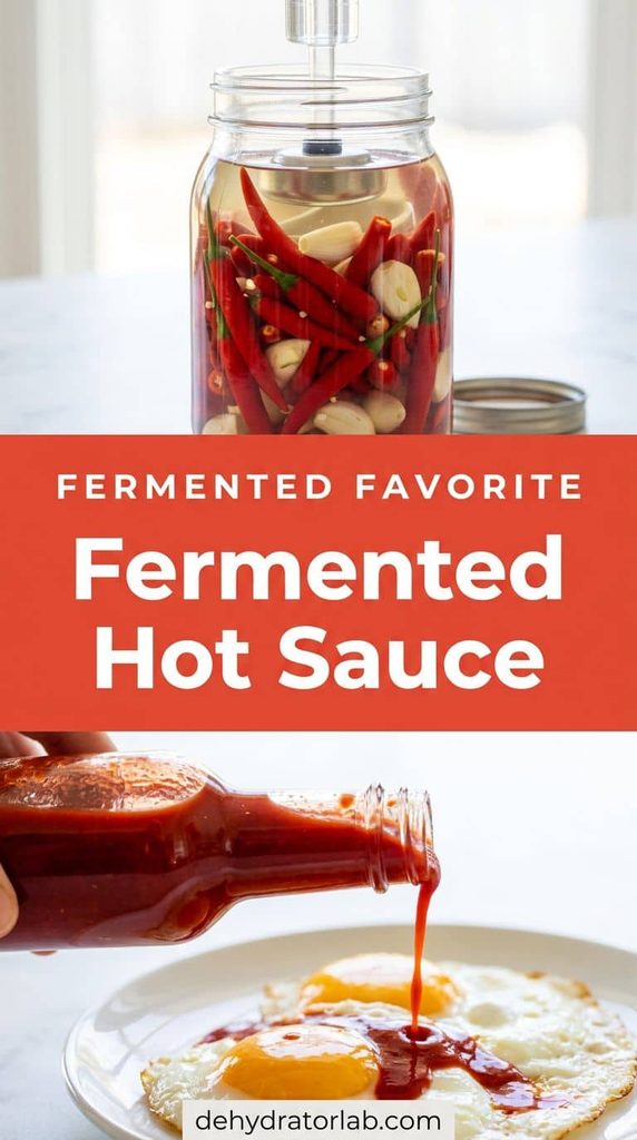 Bottle of homemade fermented hot sauce next to fresh red chilies
