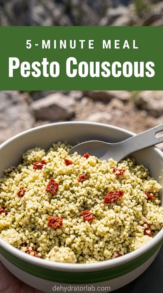 A camping bowl of pesto couscous with sun-dried tomato bits on a trail
