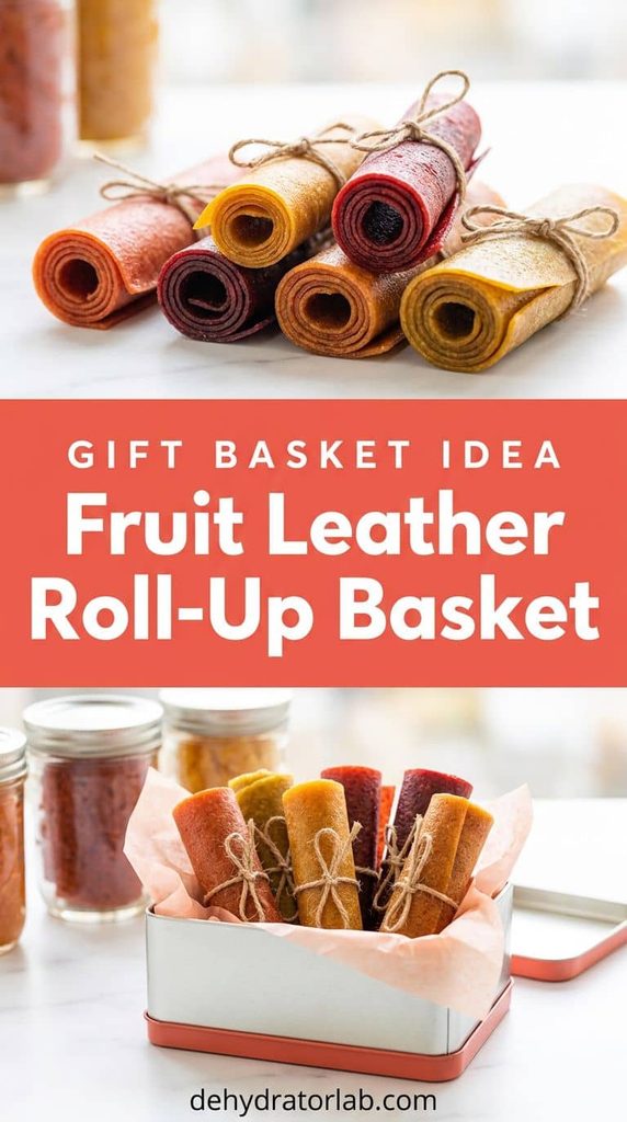 Colorful rolled fruit leather strips tied with twine, arranged in a small gift tin