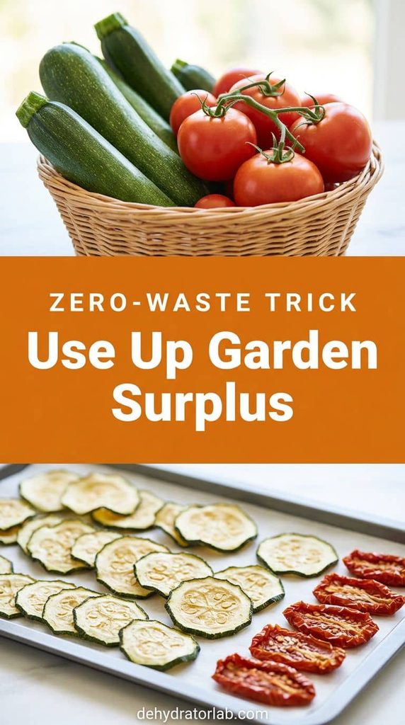 A basket of surplus zucchini and tomatoes next to dried vegetable slices