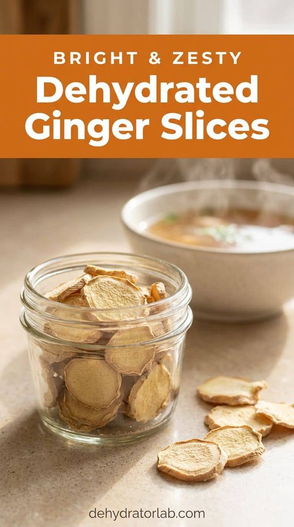 Dehydrated ginger root coins in a small jar next to a pot of broth