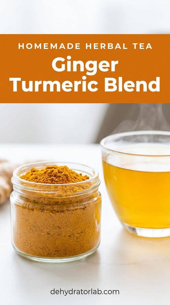 Dried ginger and turmeric powder in a jar next to a cup of golden tea