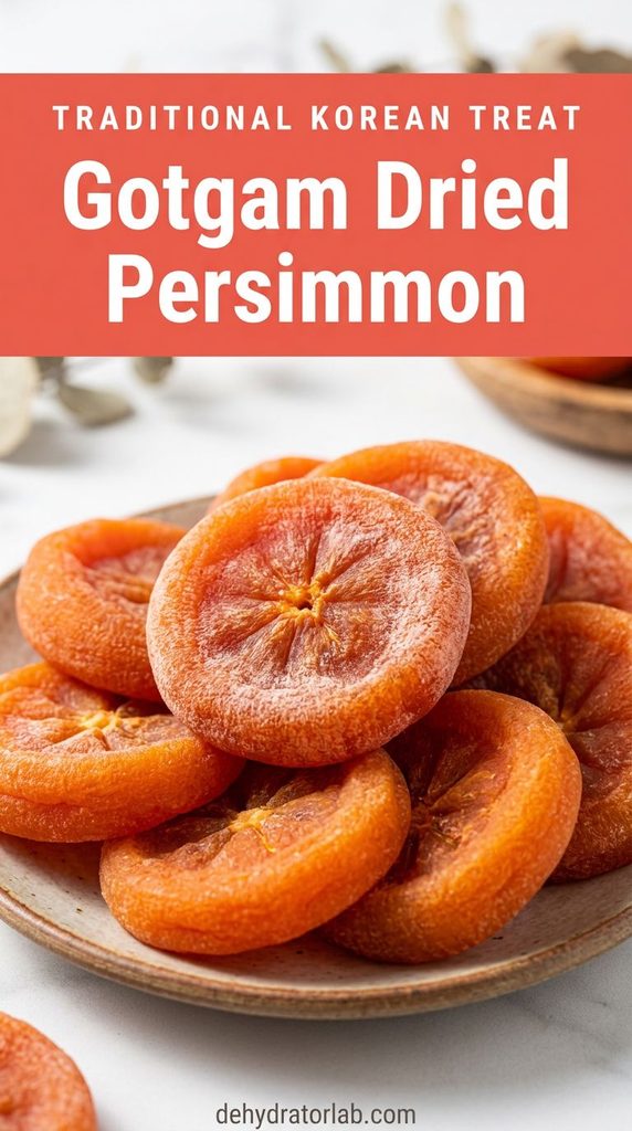 Chewy dried persimmon rounds with a natural sugar bloom, arranged on a plate