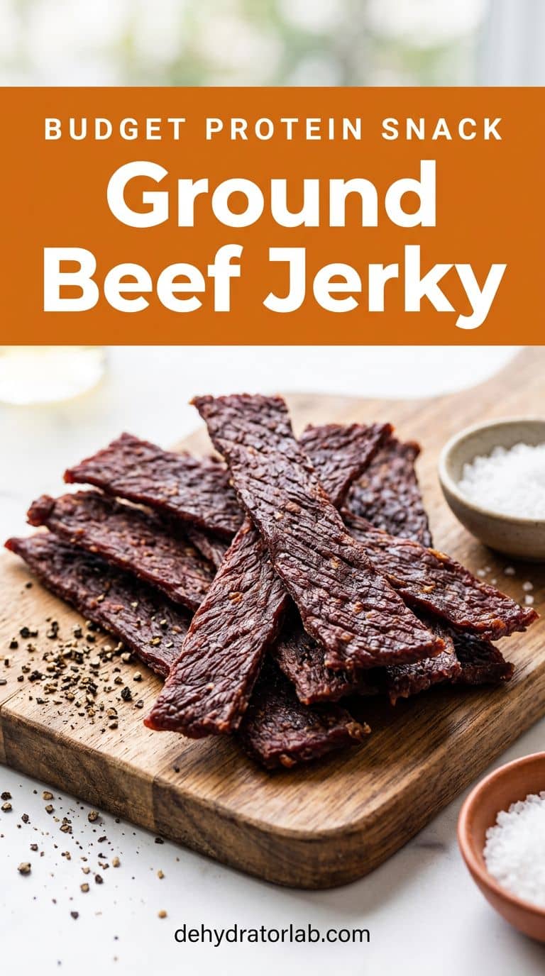 Dark strips of homemade ground beef jerky stacked on a wooden board with black pepper