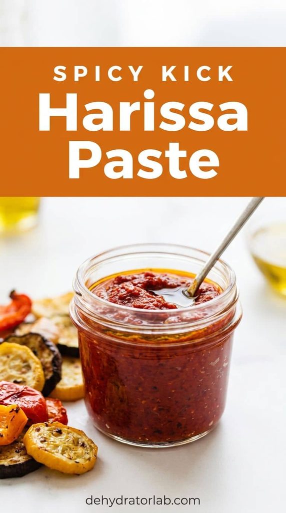 mall jar of deep red harissa paste with a spoon, next to roasted vegetables