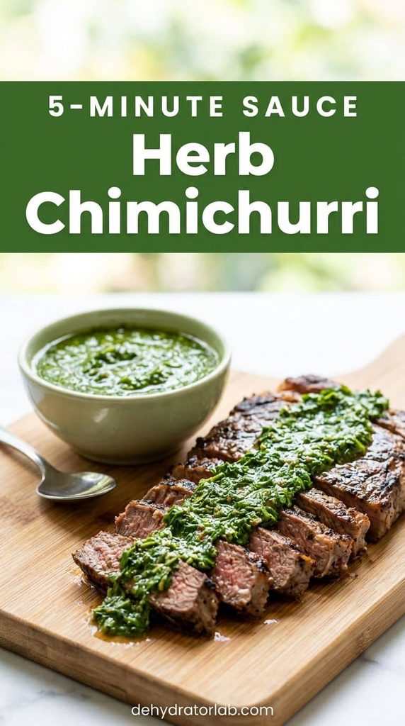 Bowl of bright green chimichurri sauce spooned over grilled steak