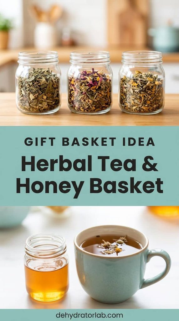 small jars of dried herbal tea blends next to a jar of honey, arranged as a gift set