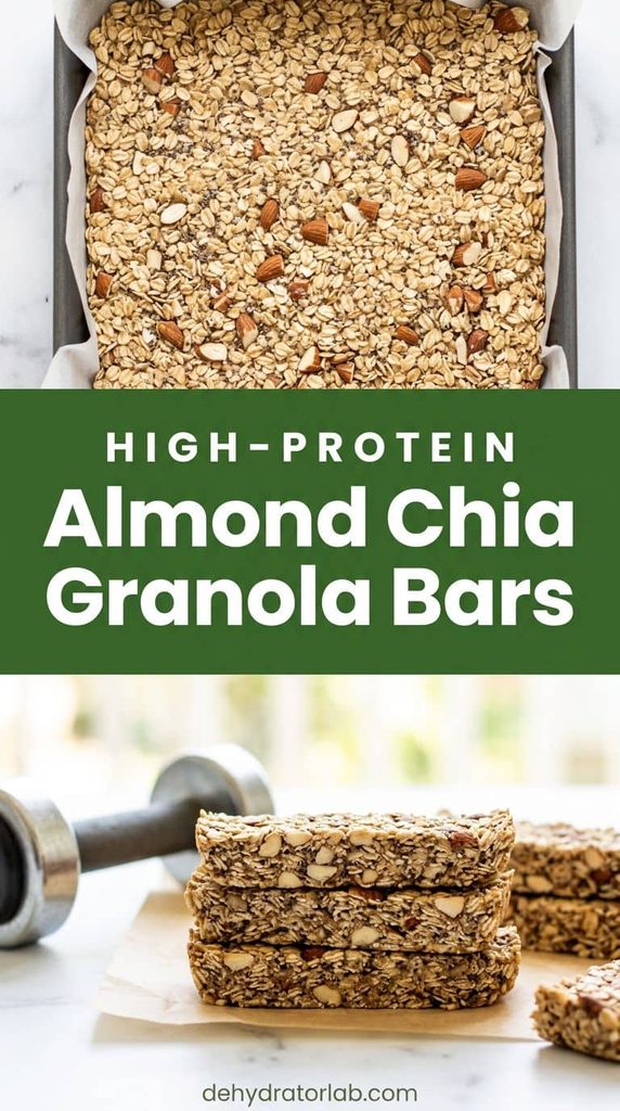 stacked high-protein almond chia granola bars on a gym bag