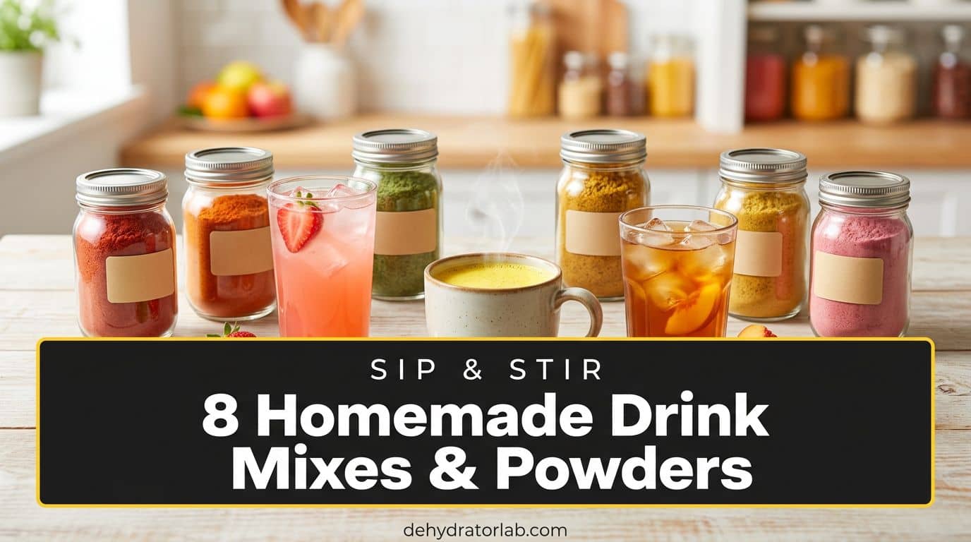 Glass jars of homemade fruit powder drink mixes next to a pitcher of strawberry lemonade and a mug of golden milk