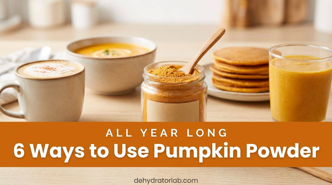 Small jar of orange homemade pumpkin powder beside a latte, a bowl of soup, pancakes, and a smoothie