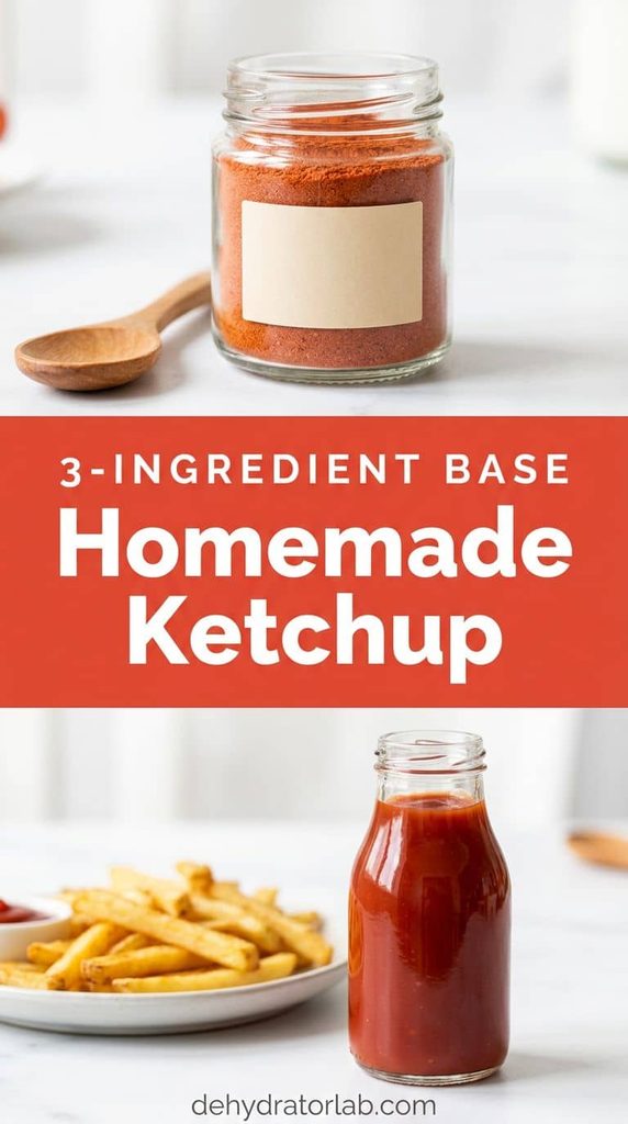 Small glass bottle of homemade ketchup made from dehydrated tomato powder