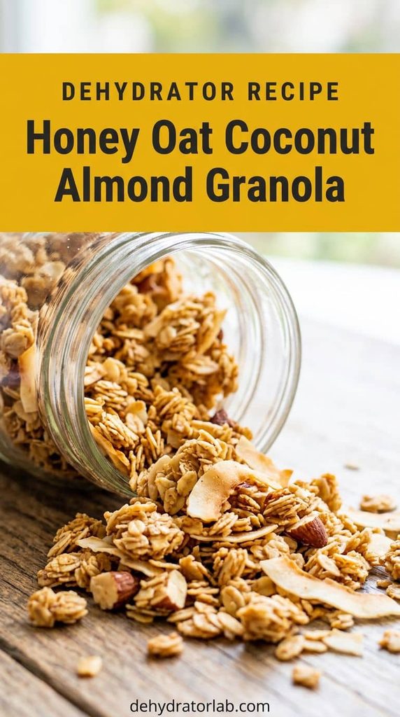 toasted honey oat granola with coconut and almonds in a glass jar