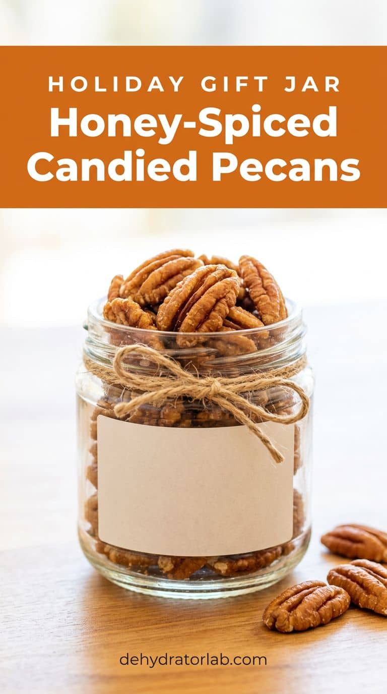 Small glass jar filled with honey-spiced candied pecans tied with twine