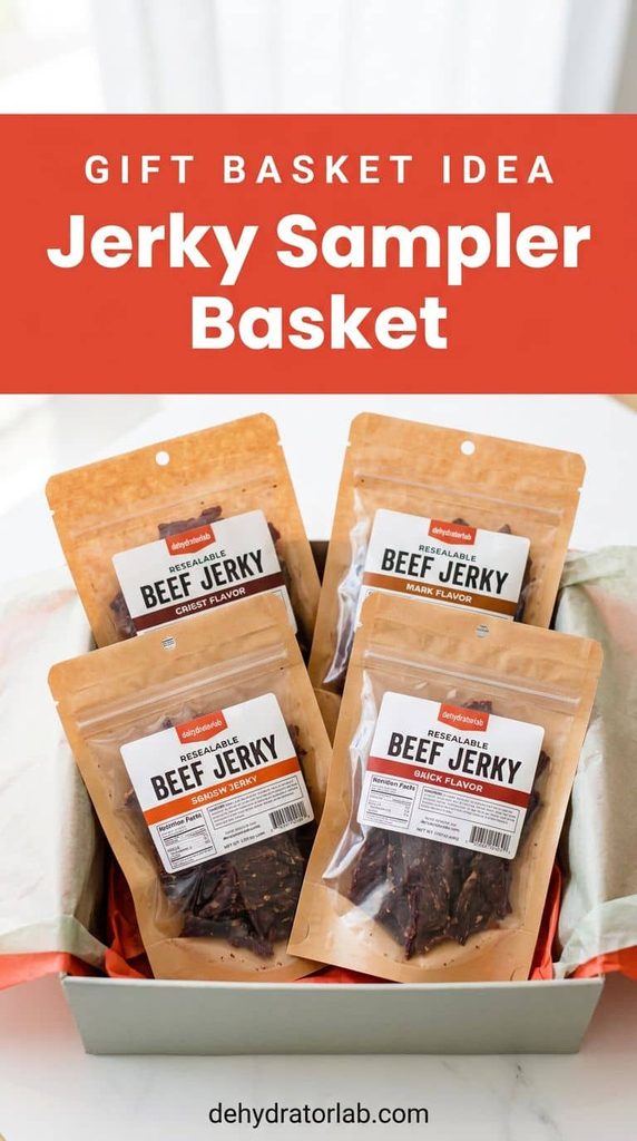 mall bags of different beef jerky flavors arranged as a gift sampler