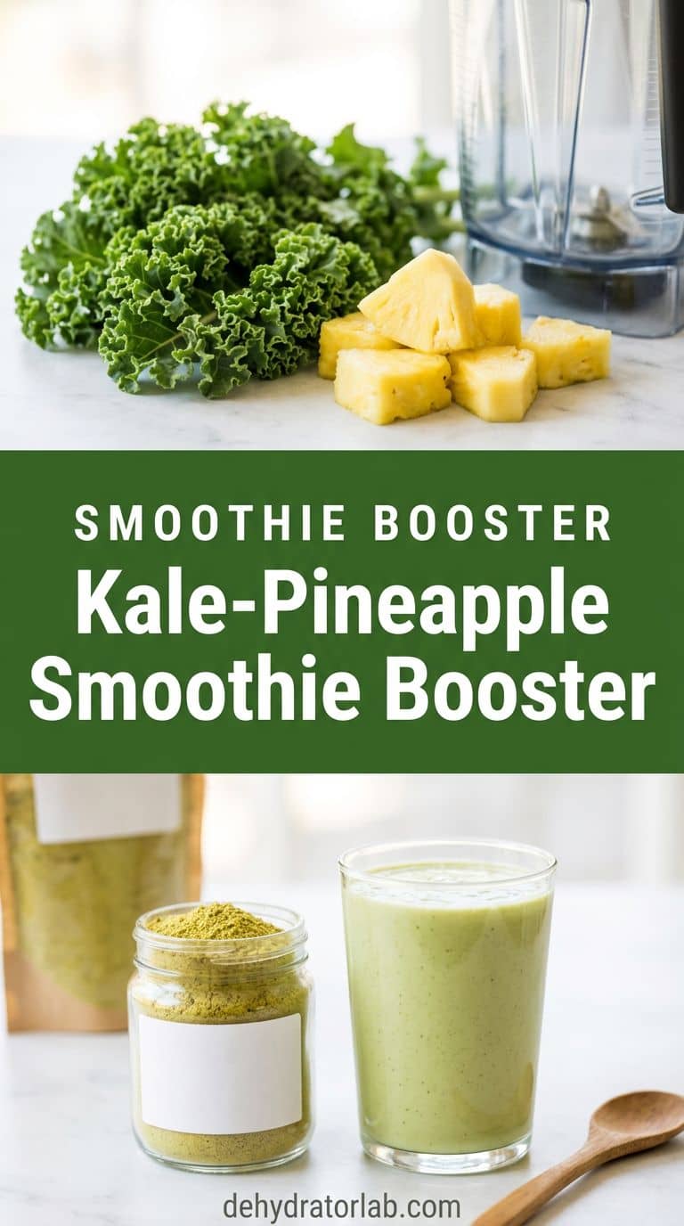 Kale pineapple smoothie booster powder in a jar next to a green smoothie