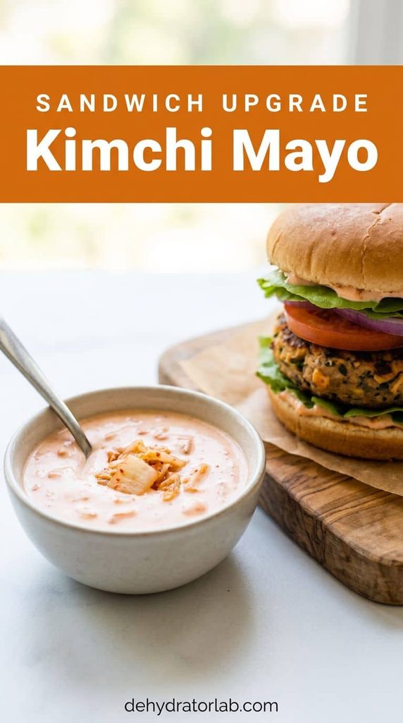 Bowl of pale pink kimchi mayo with a spoon, next to a burger